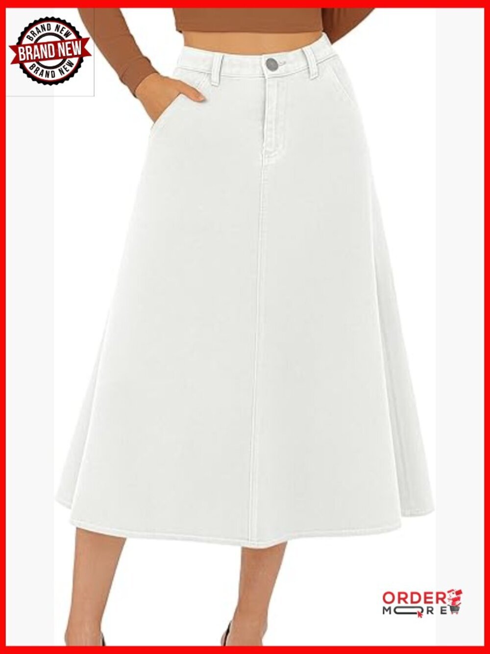 High Rise Stretchy A-Line Maxi Denim Skirt with Pockets